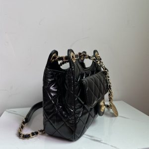 Small Hobo Bag Shiny Crumpled Calfskin & Gold-Tone Metal Black - CB014