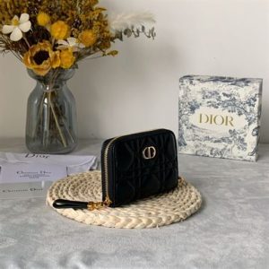 Dior Caro compact zipped wallet Black Calfskin - DB045