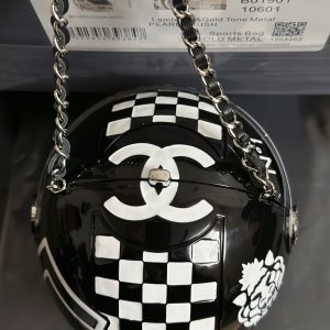 Helmet Minaudiere Black & White Resin, Strass & Silver-Tone Metal - CB024