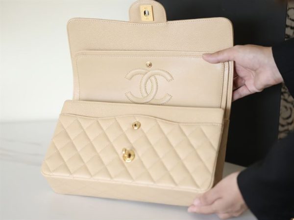 Chanel Classic Medium Caviar Flap Beige Gold Hardware - CB041