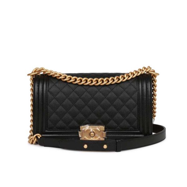 Chanel Medium Boy Bag Black Caviar Antique Gold Hardware - CB048