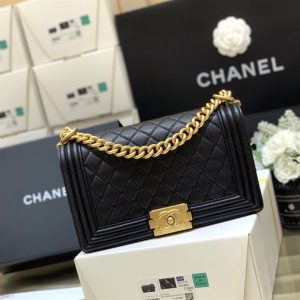 Chanel Medium Boy Bag Black Caviar Antique Gold Hardware - CB048