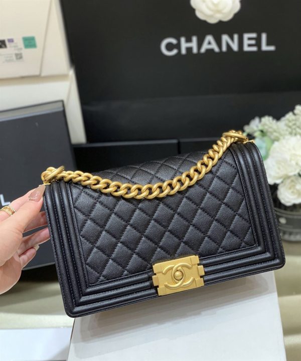 Chanel Medium Boy Bag Black Caviar Antique Gold Hardware - CB048