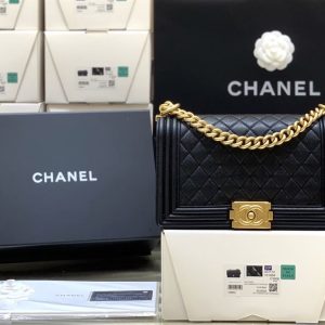 Chanel Medium Boy Bag Black Caviar Antique Gold Hardware - CB048