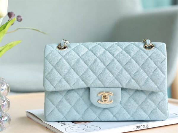 Chanel Small Double Flap Bag Light Blue Caviar Leather Light Gold Hardware - CB038