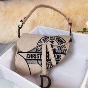 Saddle Bag Beige Jute Canvas Embroidered with Dior Union Motif - DB081