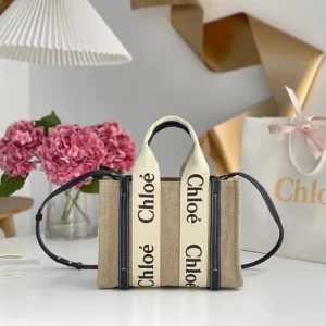 Chloé Small Woody Tote Bag Linen canvas Calfskin With Chloé Logo - MB019