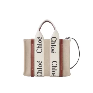 Chloé Small Woody Tote Bag Linen canvas Calfskin With Chloé Logo - MB021