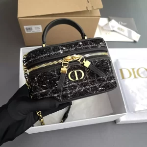 Dior Caro Mini Vanity Case Black Cannage Tweed Embroidery