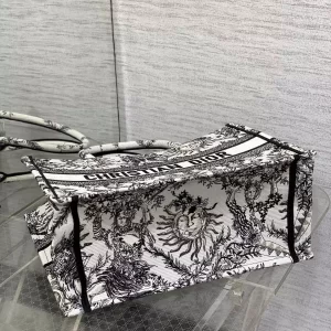 Medium Dior Book Tote White and Black Toile de Jouy Soleil Embroidery