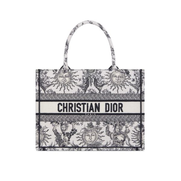 Medium Dior Book Tote White and Black Toile de Jouy Soleil Embroidery