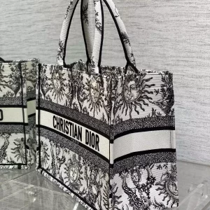 Medium Dior Book Tote White and Black Toile de Jouy Soleil Embroidery