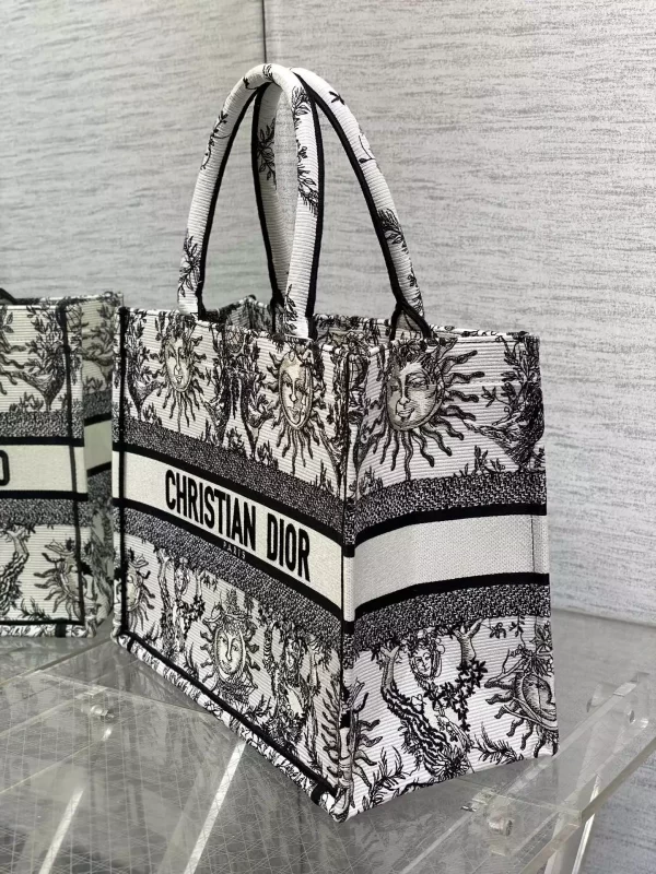 Medium Dior Book Tote White and Black Toile de Jouy Soleil Embroidery