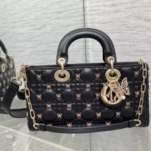 Medium Lady D-Joy Bag Black Cannage Lambskin with Gold-Finish Butterfly Studs