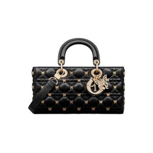 Medium Lady D-Joy Bag Black Cannage Lambskin with Gold-Finish Butterfly Studs