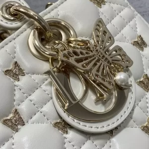 Medium Lady D-Joy Bag White Cannage Lambskin with Gold-Finish Butterfly Studs