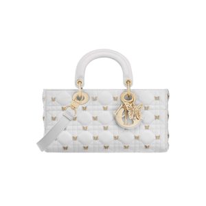 Medium Lady D-Joy Bag White Cannage Lambskin with Gold-Finish Butterfly Studs