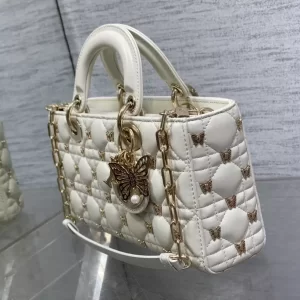 Medium Lady D-Joy Bag White Cannage Lambskin with Gold-Finish Butterfly Studs