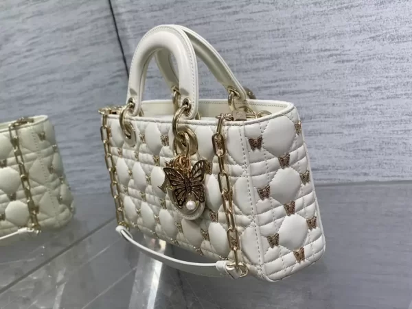 Medium Lady D-Joy Bag White Cannage Lambskin with Gold-Finish Butterfly Studs