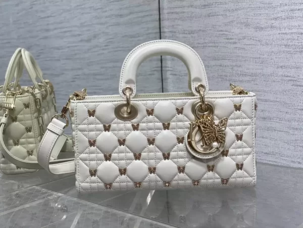 Medium Lady D-Joy Bag White Cannage Lambskin with Gold-Finish Butterfly Studs