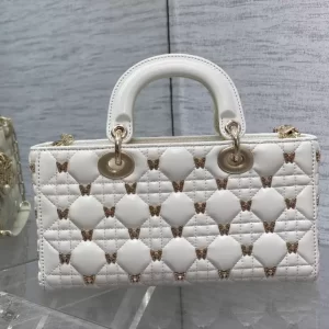 Medium Lady D-Joy Bag White Cannage Lambskin with Gold-Finish Butterfly Studs