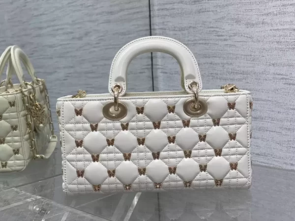 Medium Lady D-Joy Bag White Cannage Lambskin with Gold-Finish Butterfly Studs