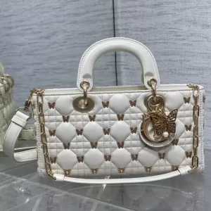 Medium Lady D-Joy Bag White Cannage Lambskin with Gold-Finish Butterfly Studs