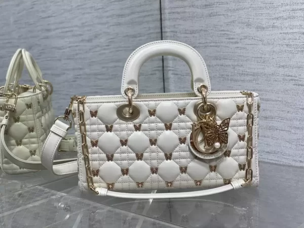 Medium Lady D-Joy Bag White Cannage Lambskin with Gold-Finish Butterfly Studs