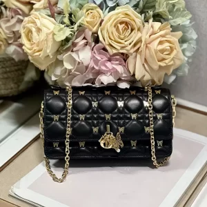 My Dior Mini Bag Black Cannage Lambskin with Gold-Finish Butterfly Studs