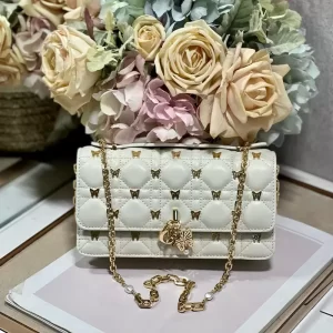 My Dior Mini Bag White Cannage Lambskin with Gold-Finish Butterfly Studs