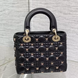 Small Lady Dior Bag Black Cannage Lambskin with Gold-Finish Butterfly Studs