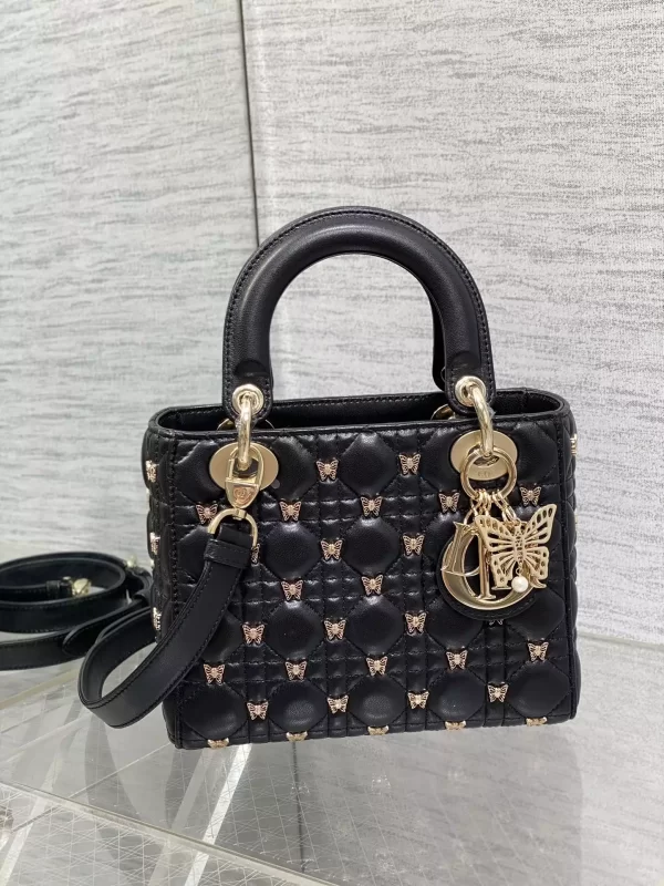 Small Lady Dior Bag Black Cannage Lambskin with Gold-Finish Butterfly Studs