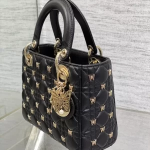 Small Lady Dior Bag Black Cannage Lambskin with Gold-Finish Butterfly Studs