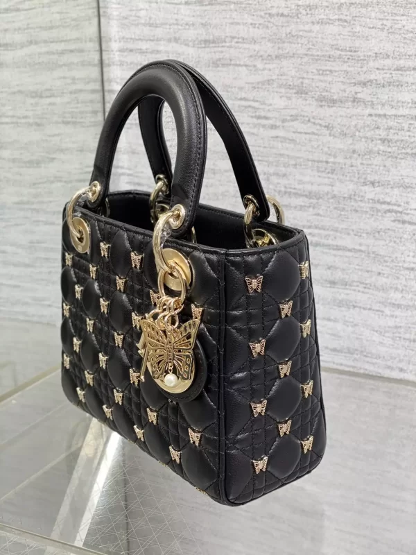 Small Lady Dior Bag Black Cannage Lambskin with Gold-Finish Butterfly Studs