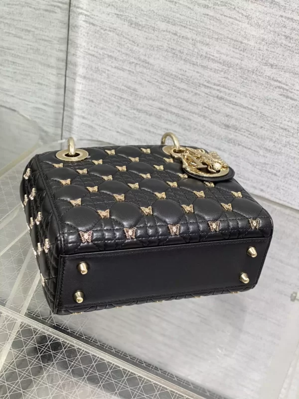 Small Lady Dior Bag Black Cannage Lambskin with Gold-Finish Butterfly Studs