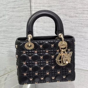 Small Lady Dior Bag Black Cannage Lambskin with Gold-Finish Butterfly Studs