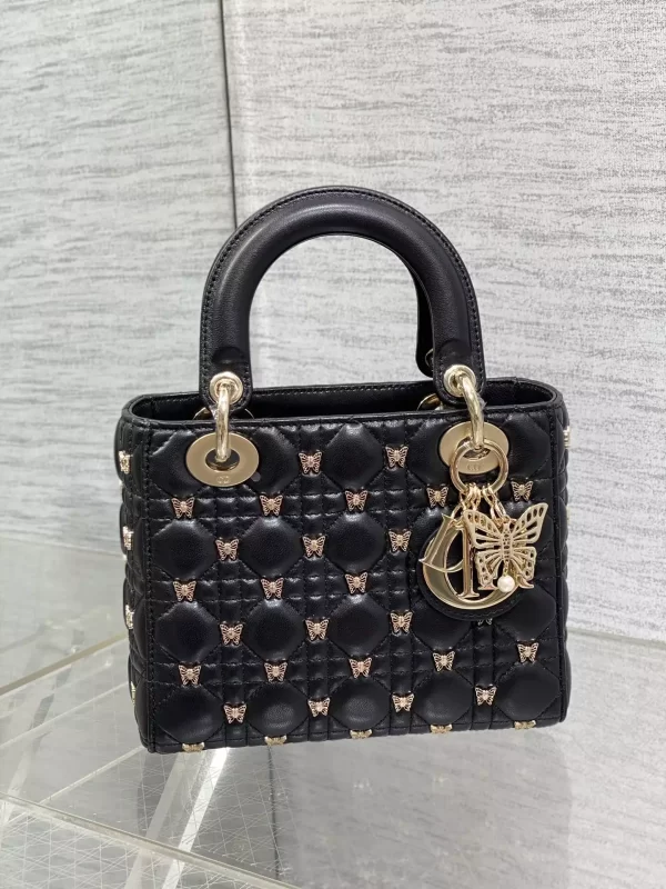 Small Lady Dior Bag Black Cannage Lambskin with Gold-Finish Butterfly Studs