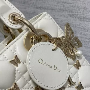 Small Lady Dior Bag White Cannage Lambskin with Gold-Finish Butterfly Studs