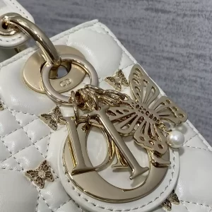 Small Lady Dior Bag White Cannage Lambskin with Gold-Finish Butterfly Studs