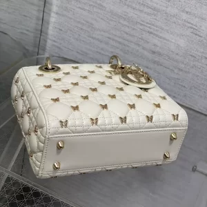 Small Lady Dior Bag White Cannage Lambskin with Gold-Finish Butterfly Studs