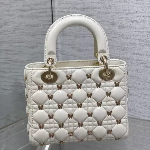 Small Lady Dior Bag White Cannage Lambskin with Gold-Finish Butterfly Studs