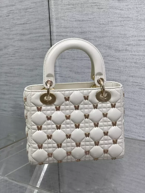 Small Lady Dior Bag White Cannage Lambskin with Gold-Finish Butterfly Studs