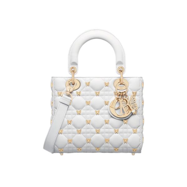 Small Lady Dior Bag White Cannage Lambskin with Gold-Finish Butterfly Studs