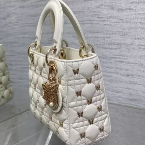 Small Lady Dior Bag White Cannage Lambskin with Gold-Finish Butterfly Studs