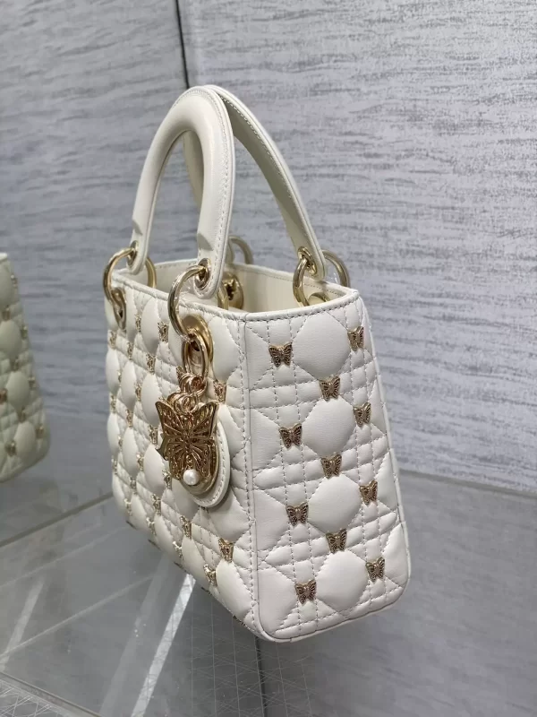 Small Lady Dior Bag White Cannage Lambskin with Gold-Finish Butterfly Studs