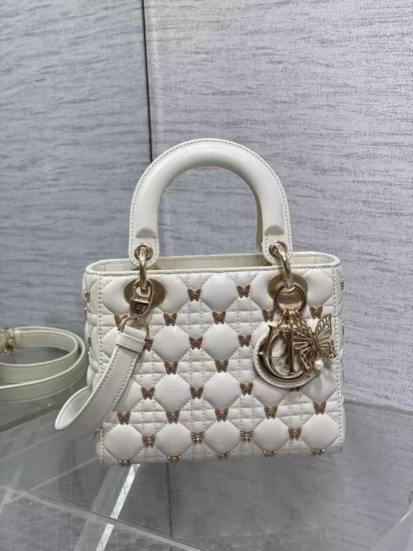 Small Lady Dior Bag White Cannage Lambskin with Gold-Finish Butterfly Studs