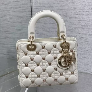 Small Lady Dior Bag White Cannage Lambskin with Gold-Finish Butterfly Studs