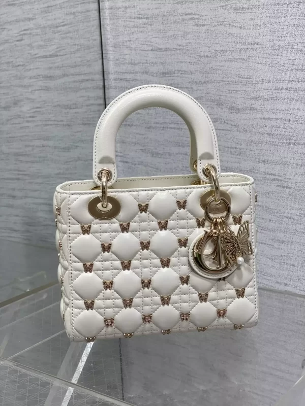 Small Lady Dior Bag White Cannage Lambskin with Gold-Finish Butterfly Studs