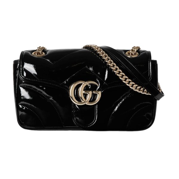 GG Marmont Small Shoulder Bag Black Quilted Chevron Patent Leather - GB338