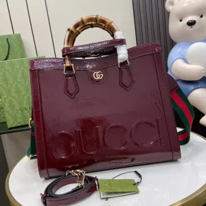 Gucci Diana Medium Tote Bag in Dark Red Patent Leather